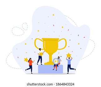 Vector Illustration, Teamwork Success Concept, Showing A Company Team Enjoying Award Trophy, Suitable for landing page, ui, web, App intro card, editorial, flyer,and banner