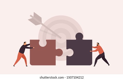 Vector illustration teamwork success. Two businessmen connecting puzzle elements. Business metaphor. Target achievement.