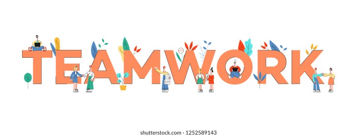 Vector illustration of Teamwork text design with business people working together near big letters in flat style isolated on white background - concept of effective collaboration.