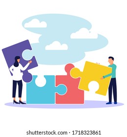 Vector illustration, teamwork together in the company, people pick up the details of the puzzle, arrange and match it. Business concept.