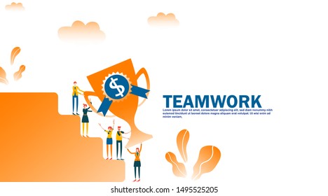 Vector illustration teamwork winner prize. Businessman and entrepreneur climb stairway holding trophy for success goal to stand on podium. Symbol of work hard to successful career. Home page - Vector