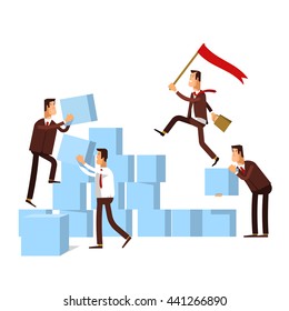 Vector illustration of teamwork workgroup concept. Business team or workgroup builds a stairs ladder  to success. Business strategy, achievement, leadership, ladder  of success.