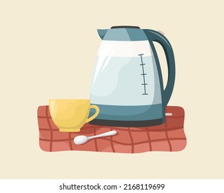 Vector illustration of a teapot and a ceramic cup on a tablecloth.