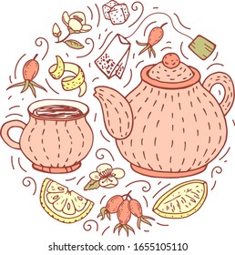 Vector illustration of a teapot and a cup in a circle with herbs, a tea bag, rose hips, lemon slices, stylish art in a pastel color scheme. The concept of healthy herbal tea,  proper nutrition.