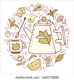 Vector illustration of a teapot and Cup in a circle with green tea, herbs, lemon slices, chamomile and Jasmine flowers, lemon zest. Stylish drawing in pastel colors. The concept of healthy herbal tea.
