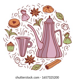 Dibujo vectorial de una tetera con una Copa en un círculo con especias canela y anís estrellado, dulces, galletas, hojas de té. Concepto para el diseño de una cafetería, una cafetería y una cafetería.