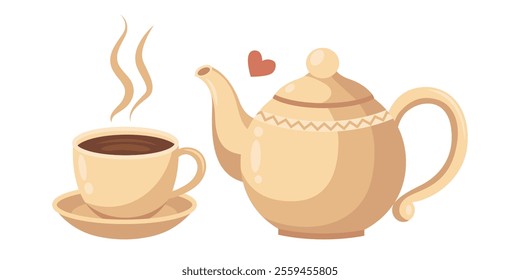 Vector illustration of a teapot and cup. Kitchenware. Tea love concept.