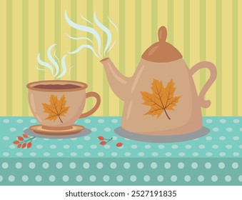Ilustración vectorial de una tetera y una taza en la mesa. La ceremonia del té bebiendo hierbas. Un hervidor de agua para hacer bebidas calientes saludables. Ilustración de otoño.