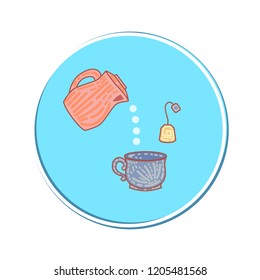 Vector illustration, teapot, cup and tea bag. Illustrates how to make tea.