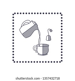 Vector illustration, teapot, cup and tea bag, transparent outlined  style. Illustrates how to make tea.