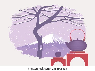 Vector illustration with teapot and cup of tea on the background of winter landscape in japanese style with snow tree and snow-covered mountain. Watercolor in China style. 