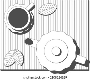 The vector illustration. The teapot and the cup of tea on the table, theview from above, thw white and black graphic. EPS10