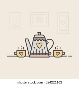 Vector illustration of teapot and cups.