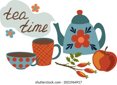Vector illustration, teapot, cups, apple, briar branch, the inscription tea time.