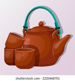 Vector illustration of teapot and cups. Brown Clay dishes, stackes cups, clay teapot with blue handle isolated on light background. 