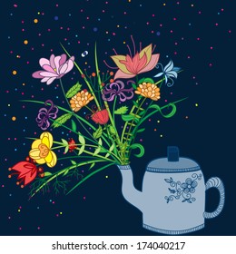 Vector illustration with teapot and flowers