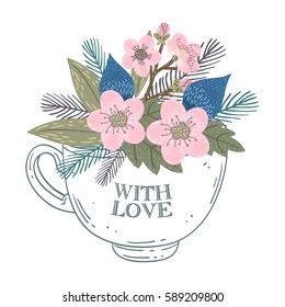 The vector illustration of a teapot with the flowers inside and with love words.