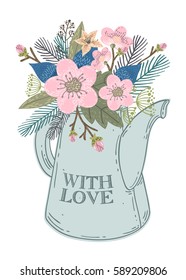 The vector illustration of a teapot with the flowers inside and with love words.