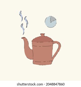 Vector illustration of a teapot with hot tea. A picture with a Tea time clock. A beautiful poster for a tea party. Vector illustration