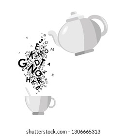 vector illustration of teapot and letters dropping into teacup for cozy conversation and home education concepts