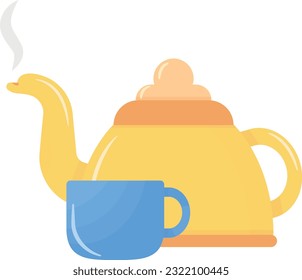 Vector illustration of a teapot next to a cup. Tea time, serve hot drinks. Herbal tea.