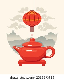 Vector illustration with a teapot on the background mountain landscape and red paper lantern. Tea ceremony. Watercolor landscape in japanese or chinese style