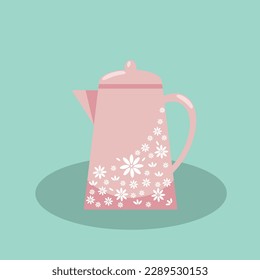 Vector illustration. Teapot in pink with white flowers on a greenish background. Teapot in spring style