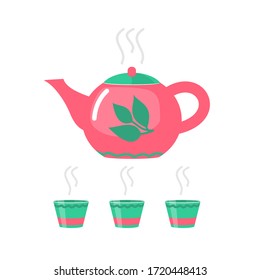 Vector illustration of a teapot with tea ceremony cups on a white isolated background.