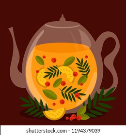 vector illustration of a teapot with tea with lemon, berries and herbs on a dark background