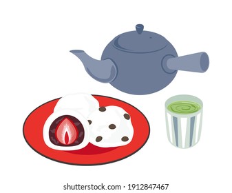Vector illustration of teapot with tea and teacup only. Daifuku mochi.