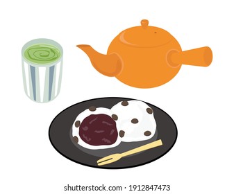 Ilustración vectorial de la tetera sólo con té y té. Daifuku mochi.