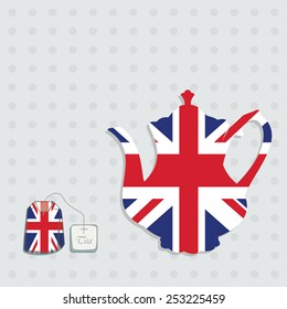 Vector illustration of teapot and teabag made of flag of the United Kingdom.