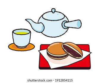 Vector illustration of a teapot and teacup with tea. Dorayaki.