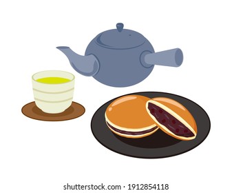 Vector illustration of a teapot and teacup with tea. Dorayaki.