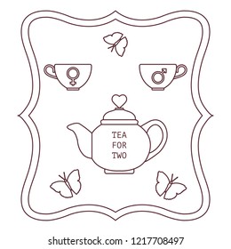 Vector illustration with teapot and two cups of tea with gender signs, butterflies. Tea for two. Happy Valentine's Day. Design for party card, banner, poster or print.