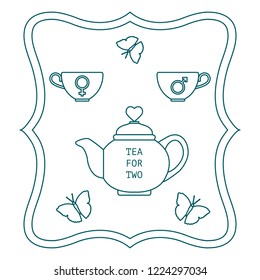 Vector illustration with teapot and two cups of tea with gender signs, butterflies. Tea for two. Happy Valentine's Day. Design for party card, banner, poster or print.