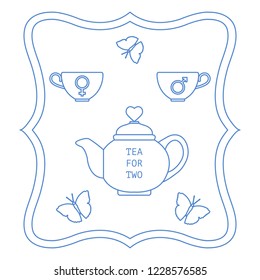 Vector illustration with teapot and two cups of tea with gender signs, butterflies. Tea for two. Happy Valentine's Day. Design for party card, banner, poster or print.