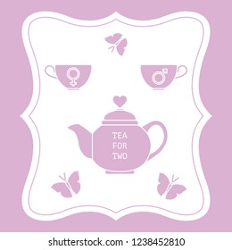 Vector illustration with teapot and two cups of tea with gender signs, butterflies. Tea for two. Happy Valentine's Day. Design for party card, banner, poster or print.