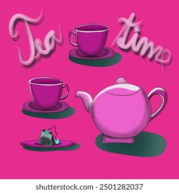 Vector illustration of a teapot, two cups and a tea bag placed on a saucer. Hand lettering: "tea time." Tea, drink, tea time, relax, rest, kitchen equipment.