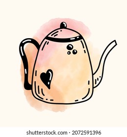 Vector illustration of Teapot with watercolor spot in doodle style. Hand drawn Kettle for Tea or coffee. Element for cafe icon or logo