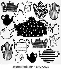 Vector illustration with teapots, black and white