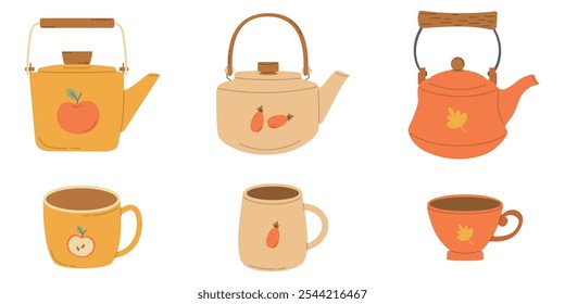 Ilustración vectorial de teteras y tazas con Diseños de otoño. Un encantador conjunto de Ilustración vectorial con varias teteras y tazas adornadas con diseños inspirados en el otoño