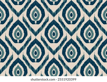 Ilustração vetorial de um padrão Ikat em lágrimas em tons azuis e creme. O padrão é caracterizado pela simetria.  Para o trabalho de design, têxteis, fundos, decorações, cultura, tribos, natureza.