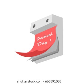 Vector illustration of a tear-off calendar on a white background painted in gray shades with a red leaf with an inscription a festive day