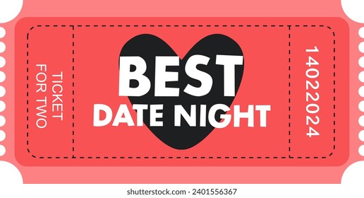 Vector illustration of tear-off ticket for two people for the best date night for Valentine's day in flat cartoon style red and pink colors