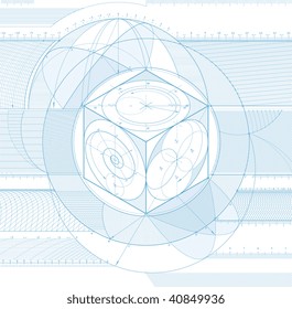 Vector illustration of technical draft background with three-dimensional cube.
