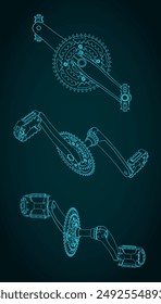 Vector illustration of technical drawings of a bicycle part. Bicycle crankset with pedals