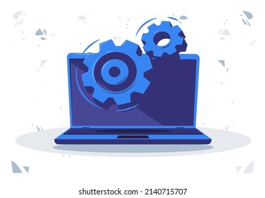 Vector illustration of technical gears on the background of an open laptop