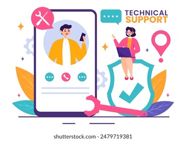Vector Illustration of a Technical Support System featuring Software Development, Customer Service and Technology Help in a Flat Cartoon Background