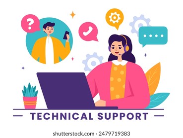 Vector Illustration of a Technical Support System featuring Software Development, Customer Service and Technology Help in a Flat Cartoon Background